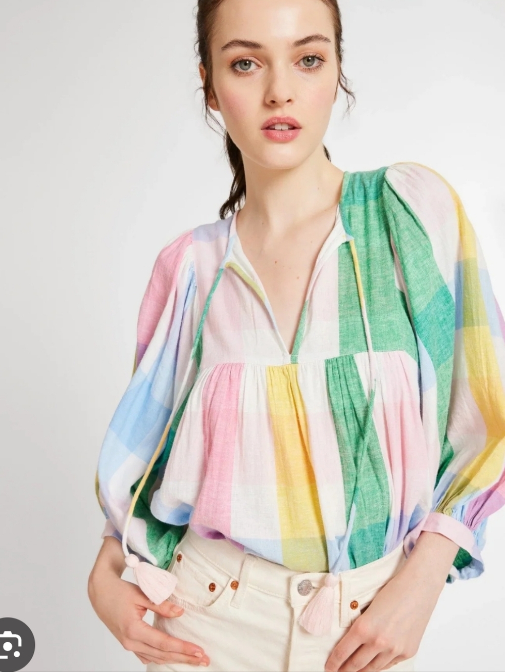 NWT Indigo Soul Pastel Plaid Peasant Blouse in Pink, Green, Blue, Yellow